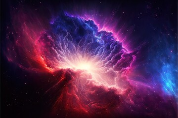 Space explosion red and blue neon, bright flashes, space nebula, starry sky. AI