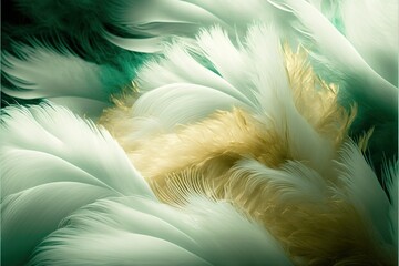  a close up of a white and yellow feather pattern on a green background with a gold stripe in the center of the feathers and the feathers.  generative ai