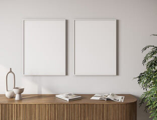 frame interior mockup with light wall and wooden furniture, 3D render, 3D illustration