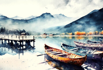 Fototapeta na wymiar Digital watercolor painting of panorama landscape, poetic scenery background, Generative AI