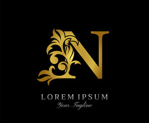 Floral Gold N Luxury Logo Icon. Classy N Letter Logo Design Vector.