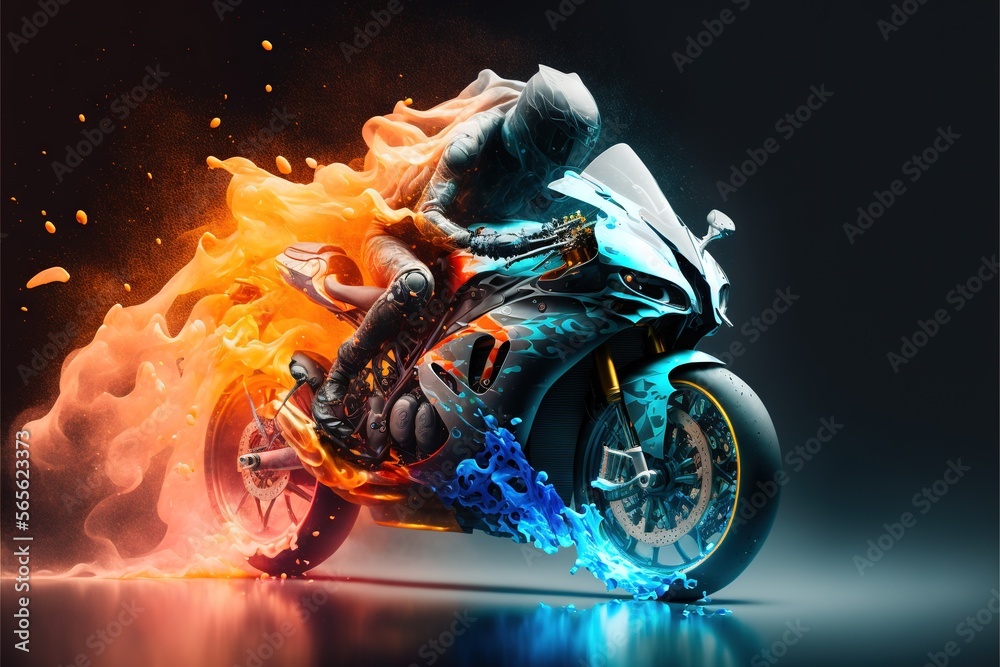 Wall mural a motorcycle with a rider on it is on fire and blue flames are surrounding it and the bike is on a r