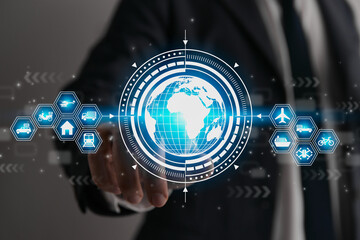 Businessman Hand and Finger Touch Globe or World and Blue HUD Logistics Icon