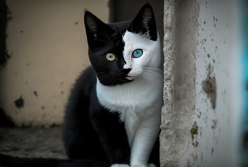 cute white and black fur cat looking at you, Generative Ai