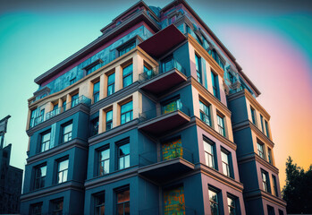 Obraz premium modern corner apartment complex with blue colored windows and light leaks created with Generative AI technology