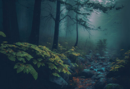 foggy forest scene in darken colors created with Generative AI technology © Robert Herhold