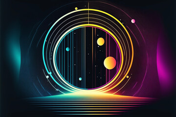 Neon rainbow vector portal to outer space with moons stars planets and dark background, generative ai
