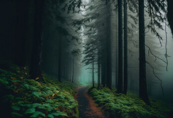 Naklejka premium foggy forest scene in darken colors created with Generative AI technology