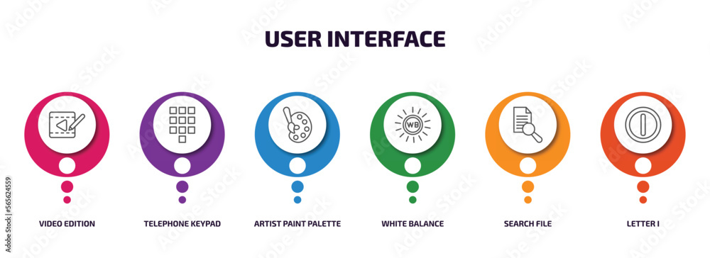 Poster user interface infographic element with outline icons and 6 step or option. user interface icons suc