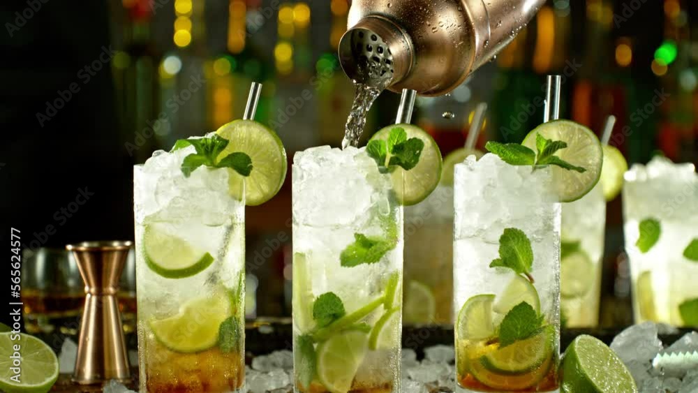 Aufkleber super slow motion of preparing mojito drink with speed motion. filmed on high speed cinema camera, 1