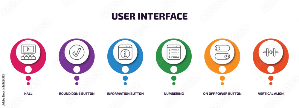 Poster user interface infographic element with outline icons and 6 step or option. user interface icons suc