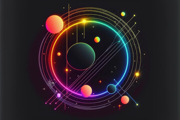 Neon rainbow vector portal to outer space with moons stars planets and dark background, generative ai