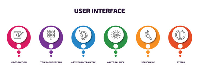 user interface infographic element with outline icons and 6 step or option. user interface icons such as video edition, telephone keypad, artist paint palette, white balance, search file, letter i