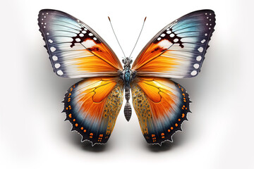 Fototapeta na wymiar Bright multi-colored butterfly on a white background. Exotic butterfly. AI