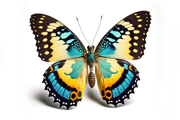 Bright multi-colored butterfly on a white background. Exotic butterfly. AI
