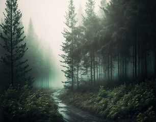 foggy forest scene in darken colors created with Generative AI technology