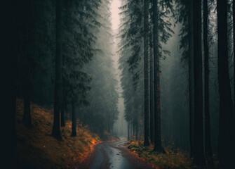 foggy forest scene in darken colors created with Generative AI technology
