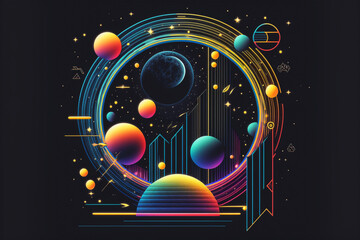Neon rainbow vector portal to outer space with moons stars planets and dark background, generative ai