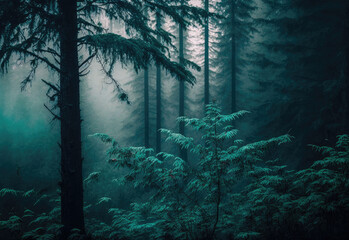 Obraz premium foggy forest scene in darken colors created with Generative AI technology
