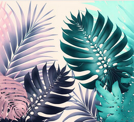 Abstract colorful tropical and exotic leaves, neon light, holography. AI