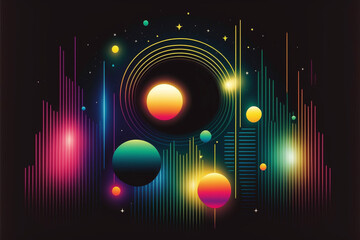 Neon rainbow vector portal to outer space with moons stars planets and dark background, generative ai