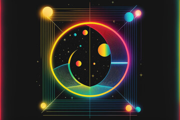 Neon rainbow vector portal to outer space with moons stars planets and dark background, generative ai
