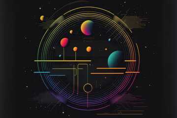 Neon rainbow vector portal to outer space with moons stars planets and dark background, generative ai