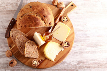 Cheese board with walnut bread
