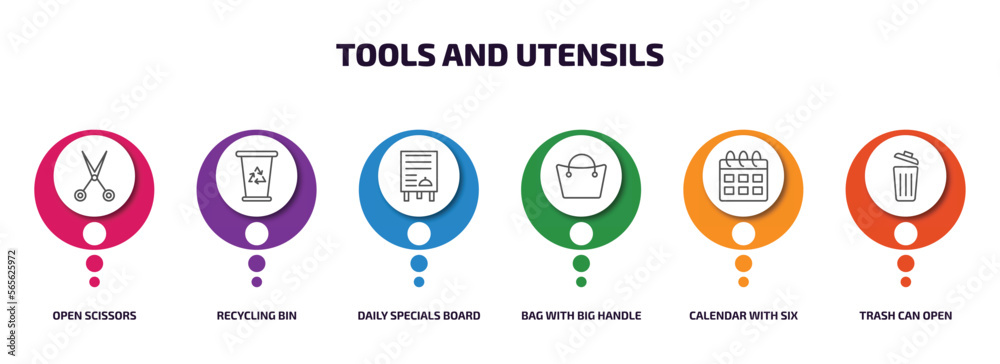 Aufkleber tools and utensils infographic element with outline icons and 6 step or option. tools and utensils i