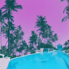 Fototapeta na wymiar pool space. Vapor wave purple colours style wallpaper. Travel aesthetics - generative ai
