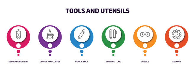 tools and utensils infographic element with outline icons and 6 step or option. tools and utensils icons such as semaphore light, cup of hot coffee, pencil tool, writing tool, clocks, second vector.