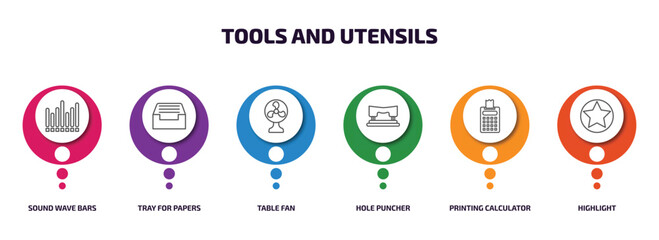 tools and utensils infographic element with outline icons and 6 step or option. tools and utensils icons such as sound wave bars, tray for papers, table fan, hole puncher, printing calculator,