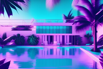 Obraz premium pool space. Vapor wave purple colours style wallpaper. Travel aesthetics - generative ai