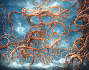 Science ficton background with alien planet life form, orange blue Kraken arms realistic 3d illustration. Generative AI.