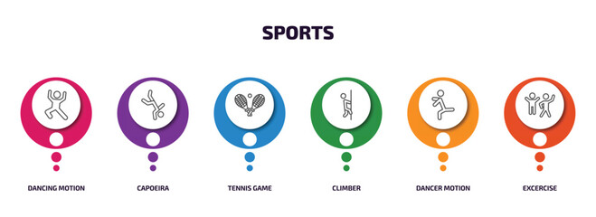 sports infographic element with outline icons and 6 step or option. sports icons such as dancing motion, capoeira, tennis game, climber, dancer motion, excercise vector.