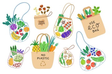 Differents cotton eco friendly bags. green lifestyle, zero waste reusable shoppers, fruits and vegetables in canvas bags, nets, vector set