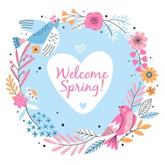 Decorative floral wreath with cute patterned birds. Welcome spring frame poster, greeting card in doodle style, flowers, vector illustration