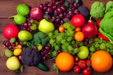 Full frame studio shot of different colorful fruits and vegetables all over the table - generative ai