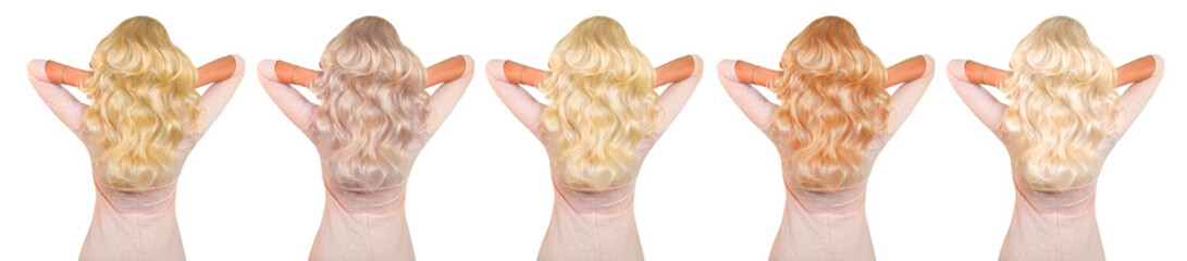 Shades of blond hair. Beautiful Long curly blonde hair tints, beauty woman showing samples of...