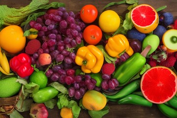 Full frame studio shot of different colorful fruits and vegetables all over the table - generative ai