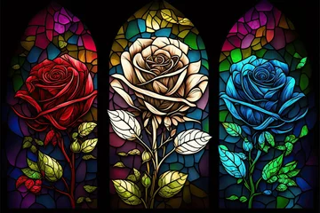Papier peint Coloré Three stained glass roses, Generative AI