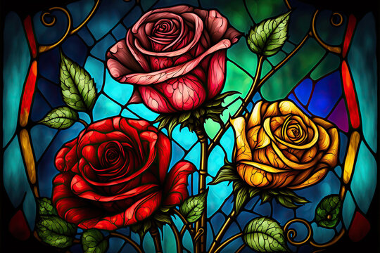 colorful stained glass roses, Generative AI