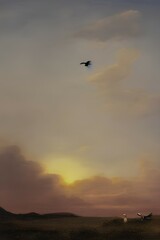 Landscape with sky at sunset and a stork in his nest - generative ai 