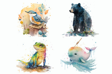 Safari Animal set North-American Black Bear, newt, narwhal, nuthatch bird in watercolor style. Isolated vector illustration © Zaleman