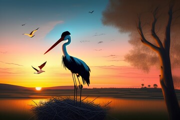 Fototapeta na wymiar Landscape with sky at sunset and a stork in his nest - generative ai 