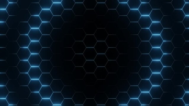 Abstract Futuristic Hexagons, 4K Surface Motion Background Loop, Sci-fi technology, Blue Neon Light