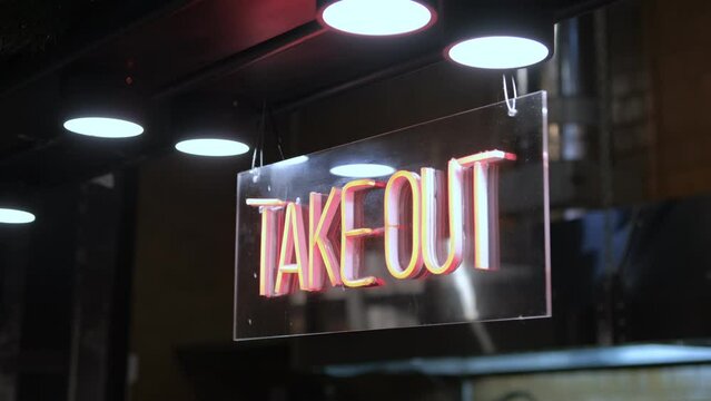 Take Out sign in a mall restaurant 4K