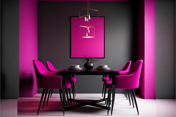 Meeting area or dining room with large black square table and raspberry chairs, Generative AI