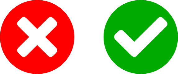 Set of Yes and No or Right and Wrong or Approved and Rejected Icons with Check Mark and Cross Symbols in Green and Red Circles. Vector Image.