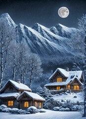 Drawed winter scene with snow house moon trees and mountains
